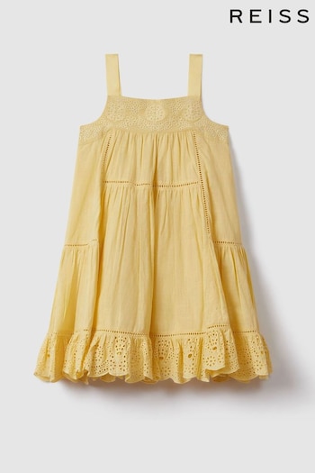 Reiss Yellow Nettie Senior Loose Cotton Broderie Dress (N74375) | £74