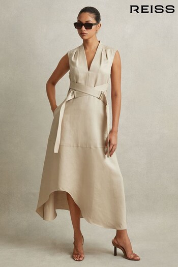Reiss Neutral Ava Linen Lyocell Strappy Midi Dress (N74382) | £278
