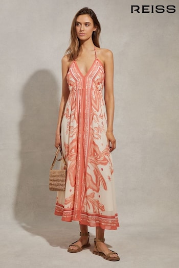 Reiss Coral Delilah Printed Ruched Waist Midi Dress (N74414) | £248