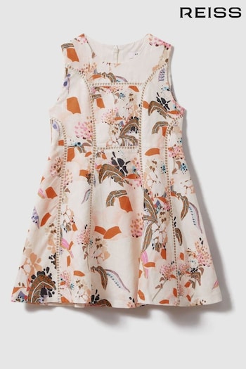 Reiss Pink Print Lor Teen Linen Cotton Stitch Dress (N74427) | £75