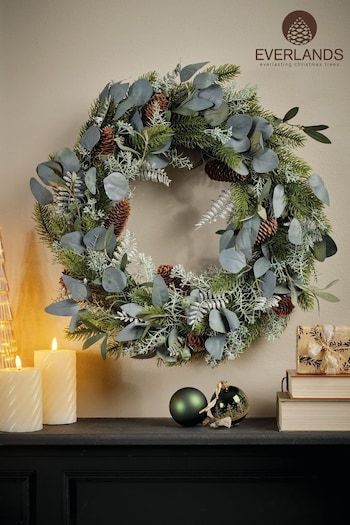 Everlands Silver Indoor Christmas Wreath With Leaves and Pinecones (N74477) | £29