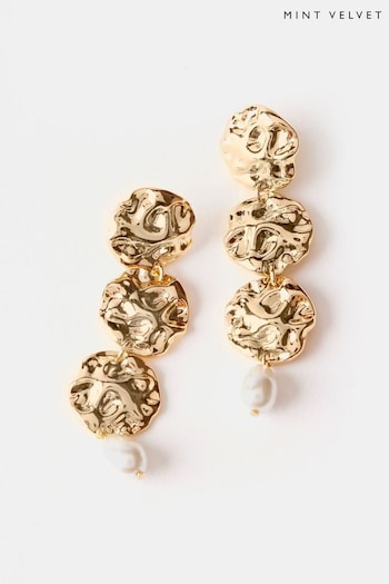 Mint Velvet Gold Hammered Disc Pearl Earrings (N74479) | £29
