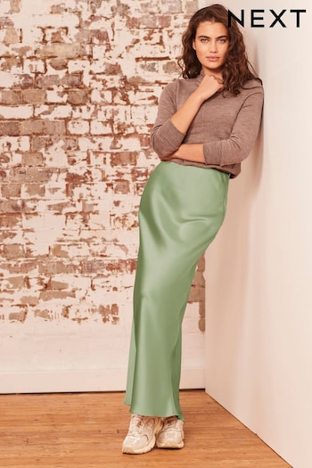 Khaki Green Tailored Satin Midi Skirt (N74594) | £30