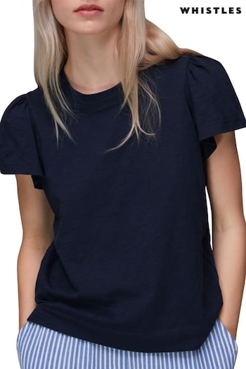 Whistles Blue Cotton Frill Sleeve T-Shirt (N74601) | £39