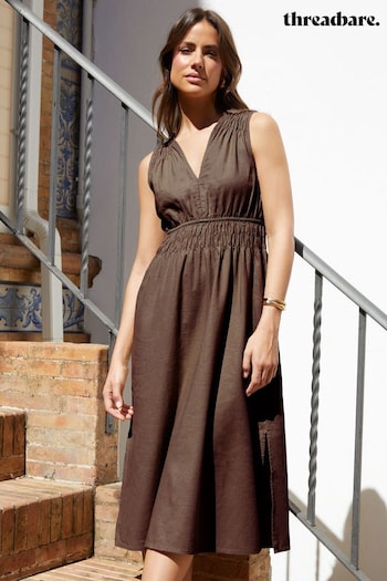 Threadbare Brown Linen Blend V-Neck Sleeveless Ruched Midi Dress (N74748) | £30