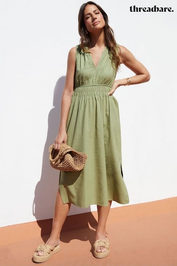 Threadbare Green Linen Blend V-Neck Sleeveless Ruched Midi Dress (N74755) | £30