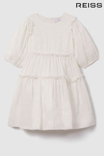 Reiss Ivory Tash Teen Tiered Linen Blend Puff Sleeve Dress (N74804) | £90