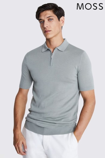 MOSS Grey Sage Green Merino Quarter Zip Polo fit Shirt (N74843) | £50
