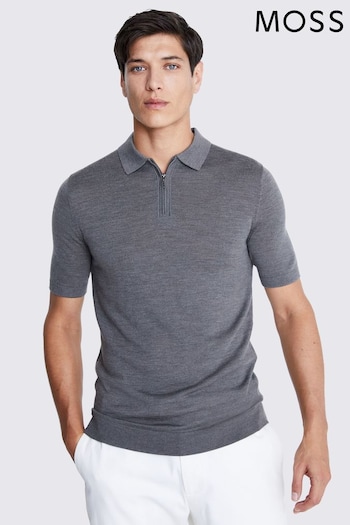 MOSS Grey Merino Quarter Zip Polo Shirt (N74869) | £50