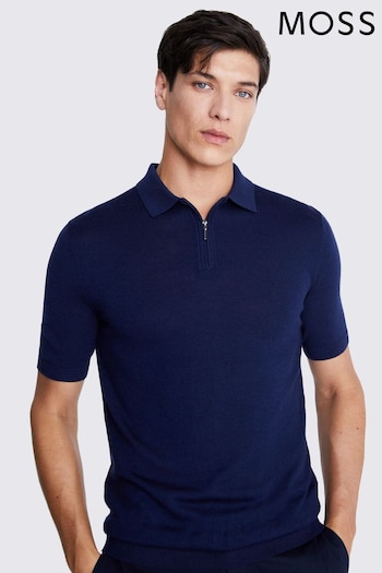 MOSS Blue Iris Merino Quarter Zip Polo fit Shirt (N74883) | £50