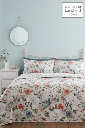 Catherine Lansfield Natural Pippa Floral Birds Reversible Quilted Bedspread (N75128) | £50