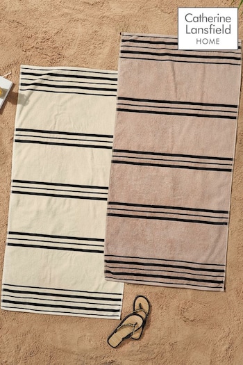 Catherine Lansfield Natural Banded Stripe Cotton Set of 2 Beach Towel (N75142) | £20