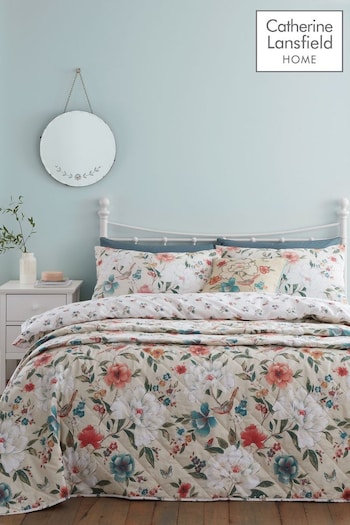 Catherine Lansfield Natural Pippa Floral Birds Reversible Duvet Cover Set (N75296) | £16 - £25