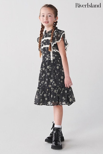 River Island Black Light Mini Girls Floral Chiffon Dress (N75324) | £22