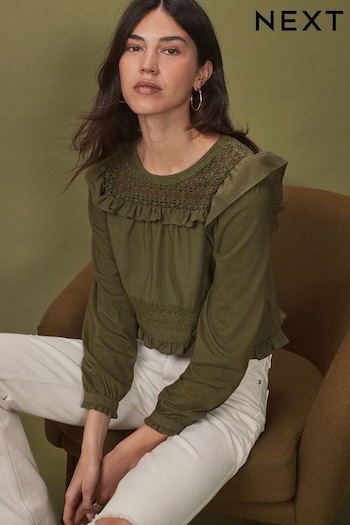 Khaki Green Long Sleeve Lace Insert Frill 100% Cotton Top (N75410) | £32