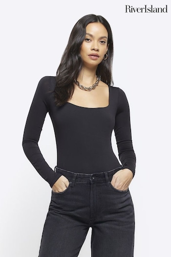 River Island Black Long Sleeve Square Neck Bodysuit (N75529) | £22