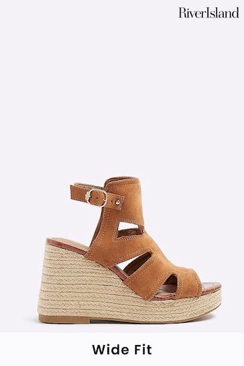 River Island Brown Wide Fit Cut-Out Wedge Shoes Boots (N75557) | £40