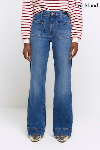 River Island Blue Pocket Front High Rise Wide Leg Jeans Wednesday (N75560) | £50