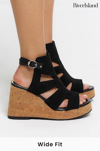 River Island Black Wide Fit Cut-Out Wedge Shoes Boots (N75587) | £40