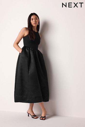 Black Satin And Jersey Racer Occasion Midi Dress (N75678) | £68