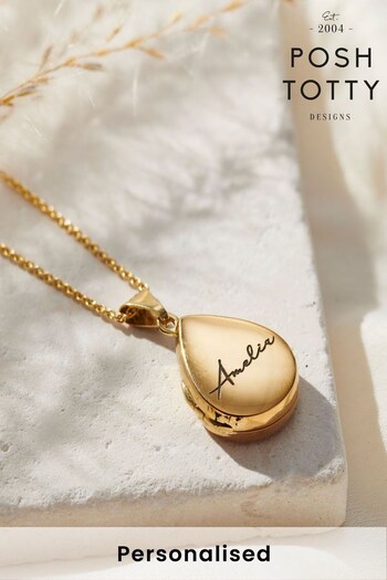 Personalised Script Name Small Droplet Locket Necklace by Posh Totty (N76315) | £101