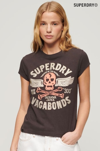 Superdry Brown Embellished Poster Cap Sleeve T-Shirt (N76560) | £30