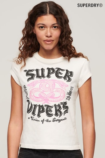 Superdry Cream Embellished Poster Cap Sleeve T-Shirt (N76600) | £30