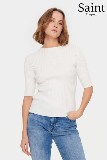 Saint Tropez Dania Slim Fit Half Sleeve White Pullover (N76720) | £40
