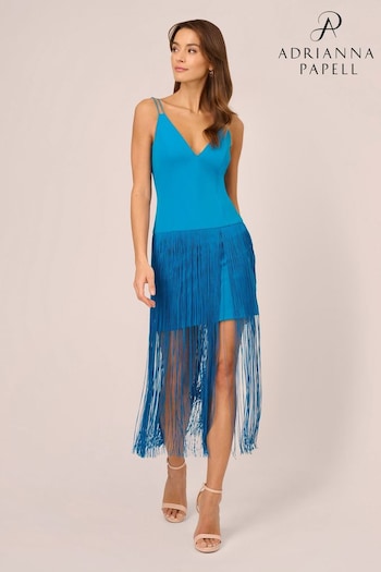 Adrianna Papell Blue Knit Crepe And Fringe Dress (N76751) | £295