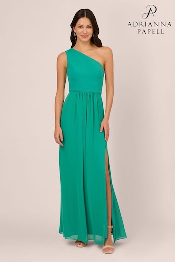 Adrianna Papell Green One Shoulder Chiffon Gown (N76816) | £139