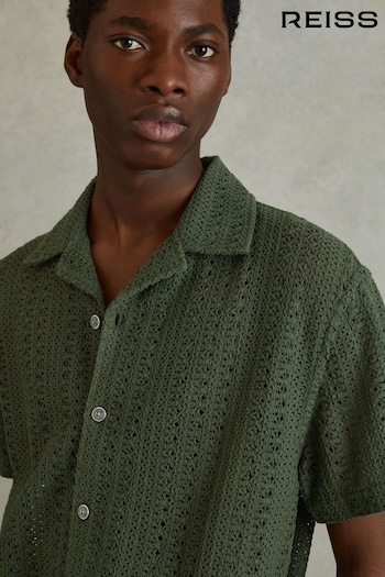 Reiss Olive Green Paradise Cotton Crochet Cuban Collar Shirt (N76838) | £118
