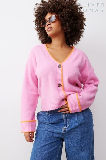 Oliver Bonas Pink Orange Trim Pink Knitted Cardigan (N77020) | £60
