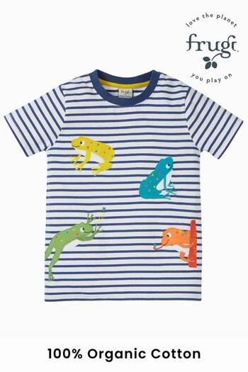 Frugi Blue Stripe Frog Applique Short Sleeve T-Shirt (N77153) | £22 - £24