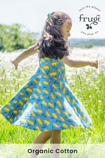 Frugi Blue Flower Print Short Sleeve Spring Skater Dress (N77167) | £34 - £36