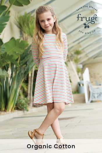 Frugi Multi Rainbow Stripe Short Sleeve Rib Skater Dress (N77182) | £35 - £37