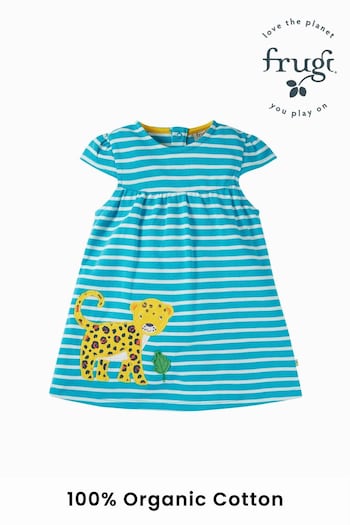 Frugi Blue Stiped Leopard Applique Short Sleeve Dress (N77218) | £32 - £34