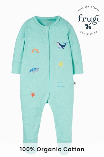Frugi Marl Embroided Sea Footed Green Sleepsuit (N77692) | £24