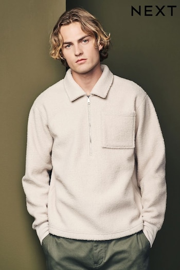 Ecru Natural Zip Neck Borg Fleece Sweatshirt (N77824) | £35