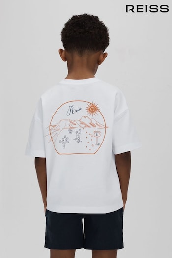 Reiss Optic White/Orange Monte Cotton Crew Neck Motif T-Shirt (N77902) | £22
