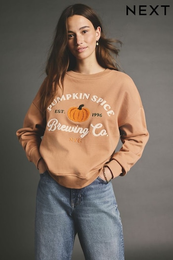 Burnt Orange Relaxed Fit Pumpkin Sprice Brewing Co heavy Boucle Graphic Sweatshirt (N77912) | £36