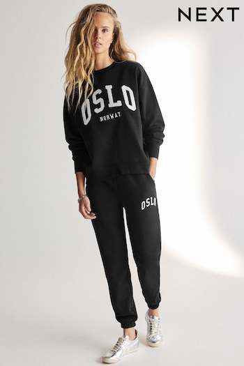 Black Bouclé Detail City Graphic Oslo Slogan Cuffed Joggers (N77942) | £32