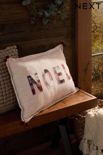 Cream 100% Cotton Noel Check Rectangular Christmas Cushion (N78106) | £18