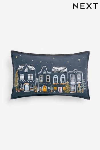 Charcoal Grey 100% Cotton Christmas Houses French Knot Cushion (N78133) | £20