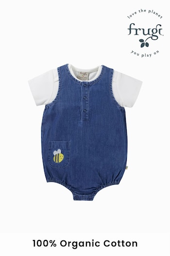 Frugi Blue Cotton Bee Outfit Applique Chambray Romper (N78219) | £32