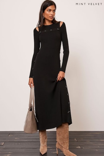 Mint Velvet Black Button Detail Midi Dress (N78545) | £119