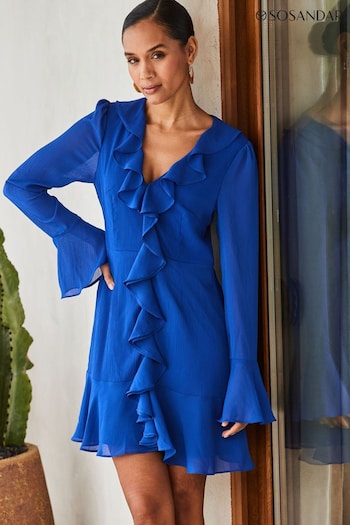 Sosandar Blue Ruffle Front Mini Fit And Flare Dress (N78642) | £69