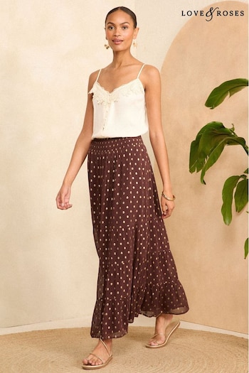 Love & Roses Brown Polka Dot Metallic Tiered Maxi Skirt (N78719) | £45