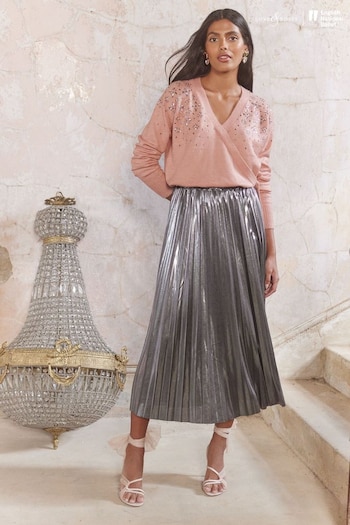 ENB | Love & Roses Grey Pleated Lame Midi Skirt (N78752) | £35