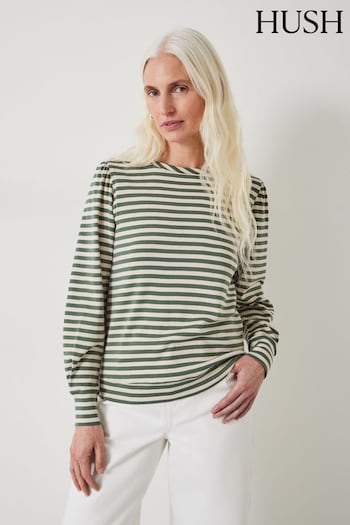 Hush Green Stripe Emily Puff Sleeve Jersey Top (N78839) | £45