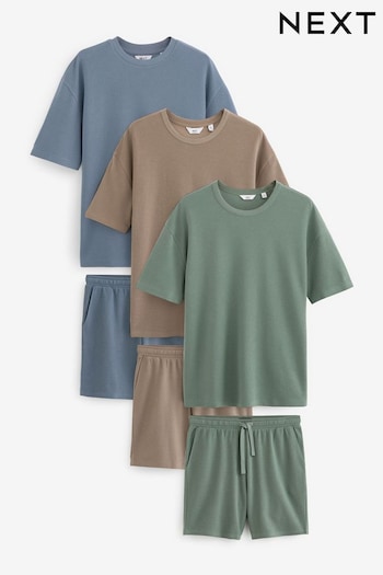 Stone/Blue/Green Textured Coord T-Shirt And Shorts Set 6 Pack (N78895) | £90